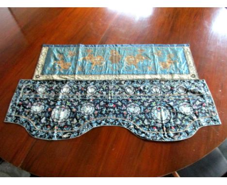 Two embroidered silk over lintel panels, the first rectangular, the turquoise ground embroidered in gold thread with two Budd