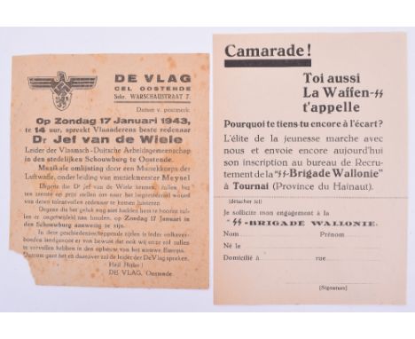 Two WW2 German Occupied Belgium Leaflets, one printed for recruiting members to the Wallonie brigade and the other is regardi
