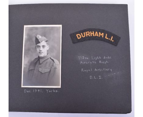 Bergen Belsen Photograph Album together with images of a soldier in light AA regiment, Durham Light Infantry. Photograph Albu