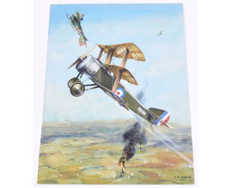 J D Carrick Great War Aviation Watercolours, fine un-framed piece on card showing a dog fight between British and German airc