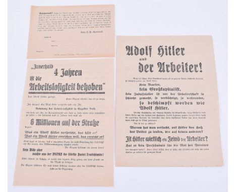 1930’s Third Reich Propaganda Leaflets, including A4 example “Adolf Hitler und der Arbeiter!” (Adolf Hitler and the Worker) p