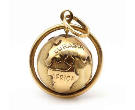 An Italian gold globe spinner charm/pendant, the textured globe with applied polished Continents, to plain frame and jump rin