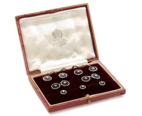 A cased 9ct white gold onyx and split pearl gentlemen's dress set, by S.J. Rose, retailed by Asprey &amp; Co. Ltd., the set c