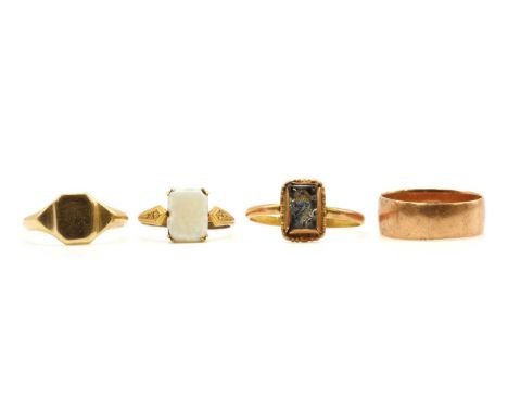 Four gold rings, to include a single stone opal ring, chipped, tested as approximately 9ct gold, a 9ct gold signet ring by De