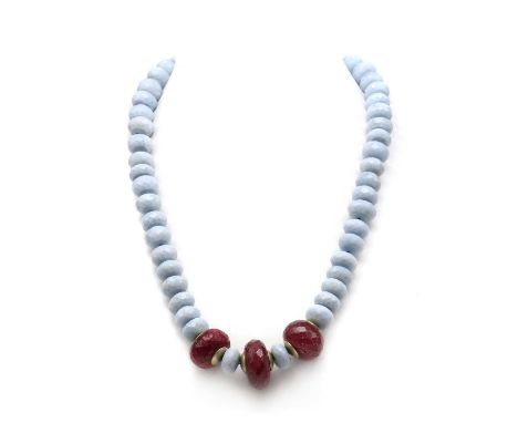 A collection of bead necklaces, comprising a faceted ruby bead and faceted blue potch opal bead necklace, to gold jumbo bolt 