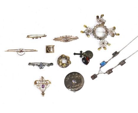 A collection of jewellery, to include a gold and silver, enamel and paste bar brooch, with a silver enamelled circle to a gol