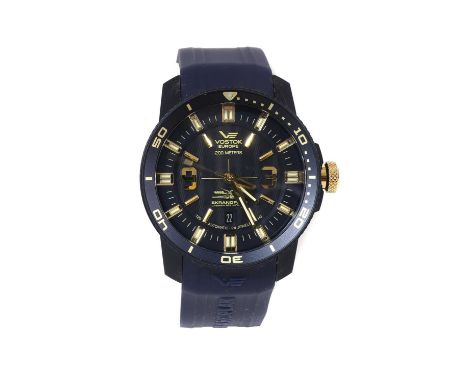 A cased stainless steel Vostok 'Ekranoplan Caspian Sea Monster' automatic strap watch, with a blue PVD coated case, 47mm diam