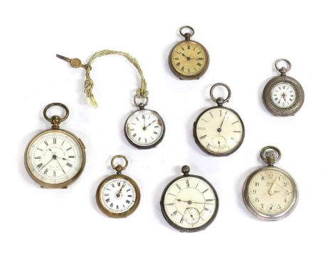 A collection of pocket watches, to include two sterling silver fusee lever pocket watches, Chester 1852 and 1881, a silver ke