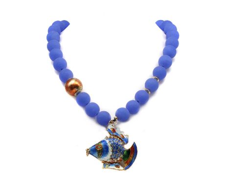 A collection of bead necklaces, to include a metal enamel fish pendant suspended on a frosted dyed blue agate bead necklace w