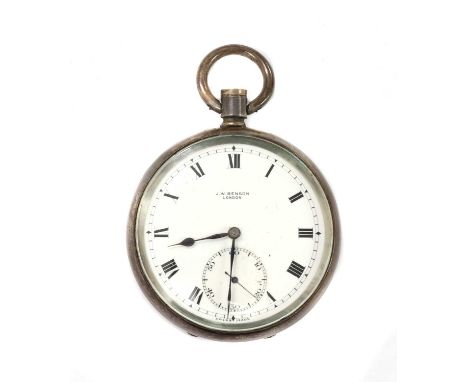 A sterling silver top wind open-faced pocket watch, 49mm diameter with a white enamel dial signed J.W. Benson London, with bl