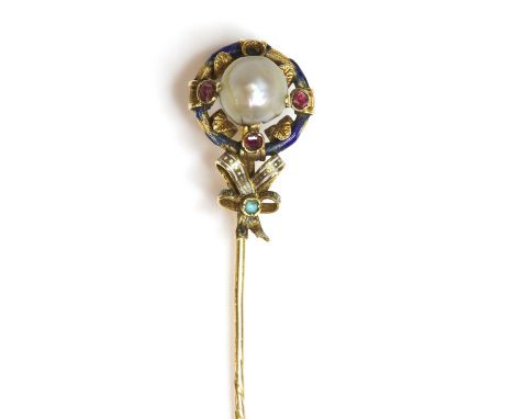 A Victorian pearl, ruby, turquoise and enamel stick pin, with a baroque pearl, claw set to a leaf and hoop frame, with royal 