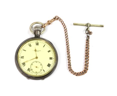 A sterling silver J.W. Benson top wind open faced pocket watch, 50mm diameter, with a white enamel dial, black Roman numerals