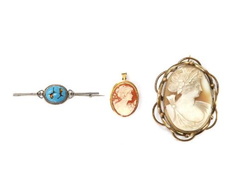 Three brooches, to include a silver enamel bar brooch, attributed to Bernard Instone, later soft solder repair to hinge, a go