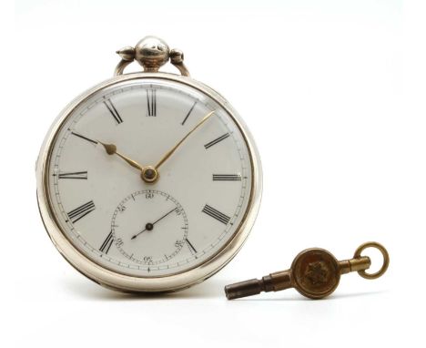 A sterling silver lever fusee open-faced pocket watch, 48mm diameter, with a white enamel dial, black Roman numerals, spade h