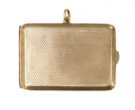 An Art Deco 9ct gold rectangular match book case, by Mappin &amp; Webb,with engine turned fine barley decoration and Greek ke