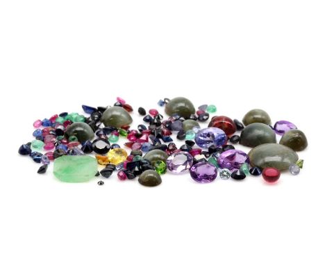 A collection of unmounted gemstones, to include amethyst, sapphire, ruby, emerald, cat's eye quartz, tanzanite, cubic zirconi