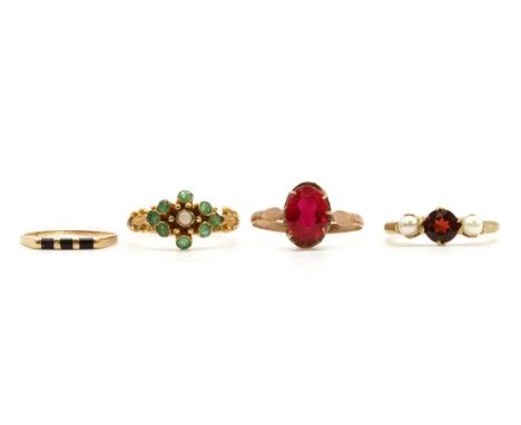 Four gold rings, to include a 9ct gold opal and emerald cluster ring, London 1974, a 9ct gold three stone garnet and cultured