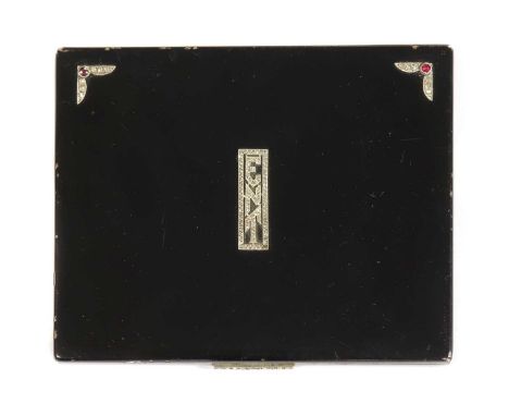 An Art Deco sterling silver, enamel and gem set cigarette box, by Asprey &amp; Co., the black enamelled rectangular cigarette