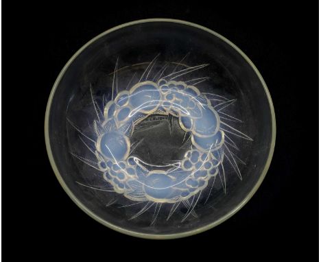 A Lalique 'Mont-Dore' opalescent glass bowl, no.396, externally moulded with a band of stylised apples, grapes and leaves, mo