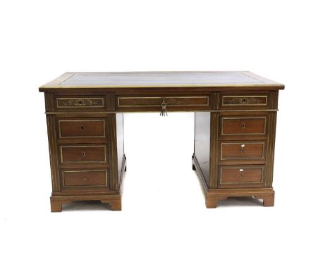 A mahogany pedestal desk, three drawers to each pedestal, with a leather inlaid top, 154cm wide79cm deep77cm highCondition Re