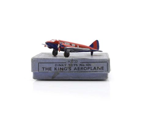 A boxed Dinky Toys Aeroplane, 1938-1941, No. 62k, A2233, 'The King's Aeroplane' Air Speed Envoy, finished in silver, red and 