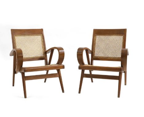 A pair of teak and cane armchairs, in the manner of Pierre Jeanneret for Chandigarh, 60cm wide60cm deep78cm high, seat 35cm (