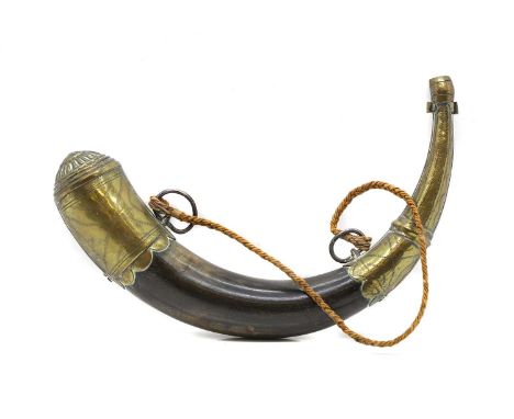 A hunting horn shot flask, mounted with brass,36cm wide22cm high