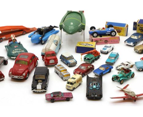 A collection of play worn diecast toys, including a Corgi James Bond DB5, with one figure; a Corgi Batmobile, with both Batma