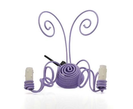 A French 'Diabolo' wall light, designed in 2005 by Mathieu Challieres, of twin-armed construction, covered in lilac cloth, hu