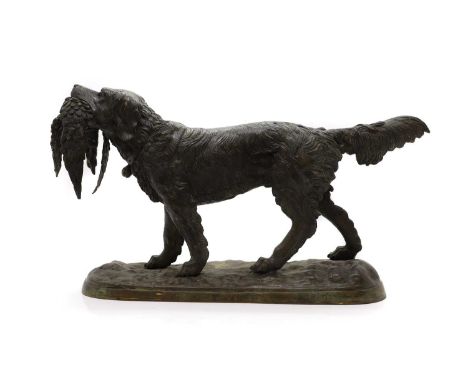 After Pierre Jules Mene of recent manufacture, a bronzed metal figure of a gun dog, on an oval base bearing a cast inscriptio