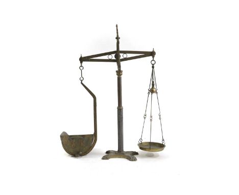 A large pair of brass balance scales, with a dish and a shovel basket, 123cm high, together with two copper finished pots, wi