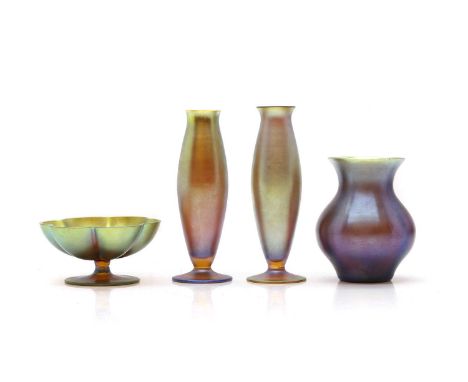A collection of four WMF Myra glass items early 20th century, comprising of two small ovoid vases, a squat form vase with a f