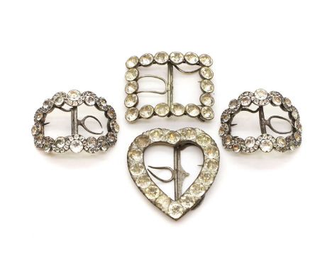 A group of shoe buckles late 18th to early 19th century, comprising a heart-shaped example, another of rectangular form, and 