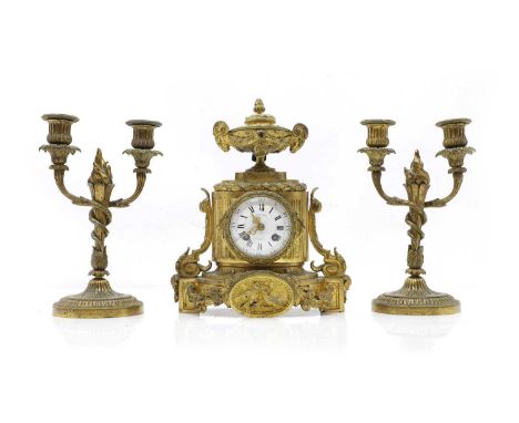 A Louis XVI-style ormolu mantel clock 19th century, French, the stepped case in the form of a column surmounted by an urn wit