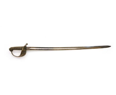 A Victorian Naval Officer's sword,  with a shagreen handle, and lion mask pommel, with an etched blade, lacking a scabbard,  