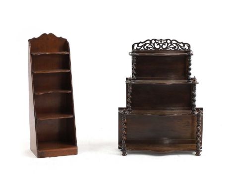 A walnut four-tier open wall shelf, 33cm wide,and a waterfall five tier bookcase 25cm wide 25cm deep 74cm high (2)