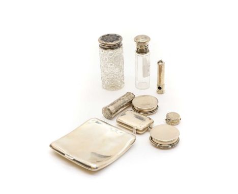 A collection of silver items, including a shaped cigarette case, London 1918, a vesta case with 'HM' monogram, Birmingham 191