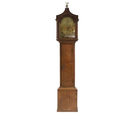 An oak, eight-day longcase clock, 19th century, the arched brass dial engraved 'John Taylor, London`, over subsidiary seconds