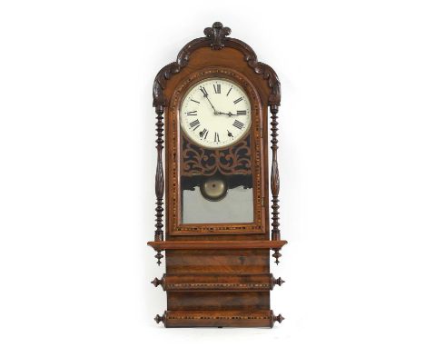 A Tunbridge ware inlaid mahogany wall clock, 19th century, with an 8inch dial,37cm wide14cm deep 87cm high