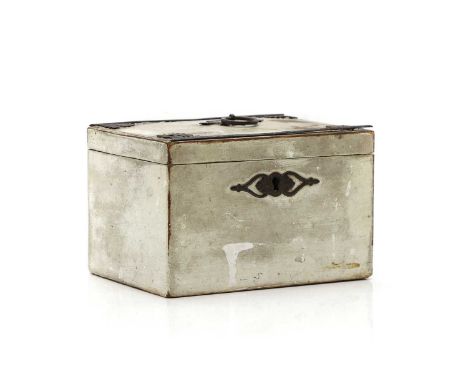 A painted wood tea caddy, 19th century, with metal mounts, opening to reveal a silvered interior, with a label to the inside 