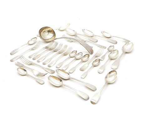 A collection of Georgian and later silver flatware, to include a set of five George III table spoons and matching dessert spo