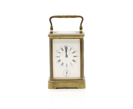 A French brass cased carriage clock, late 19th century, with alarm and bell strike, fitted white dial with Roman numerals and