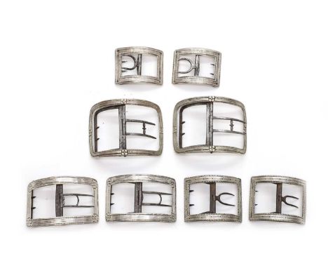 Four pairs of George III silver shoe buckles comprising; an example by John Lambe,London c.1780, of rectangular form with flo