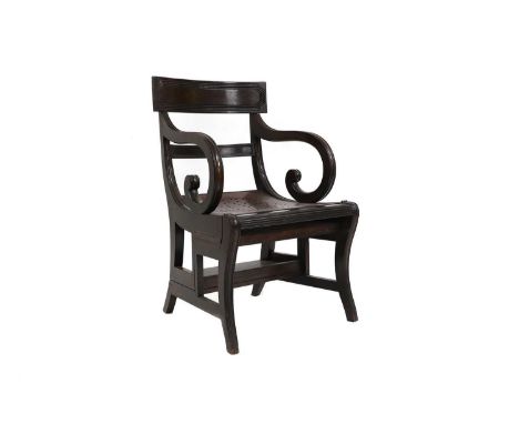 A metamorphic mahogany elbow chair, 20th century, converting to a set of library steps,51cm wide49cm deep86cm highCondition R