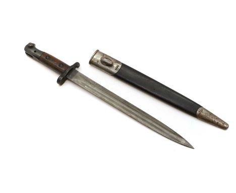 A British Army 1903 pattern bayonet  by EFD, with a double edged, and leather scabbard, the blade 30.5cm blade,  43.5cm overa