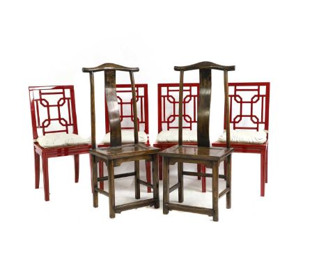 A pair of Chinese hardwood chairs,  38cm wide 37cm deep 114cm high together with four red lacquered chairs, with rattan seat,