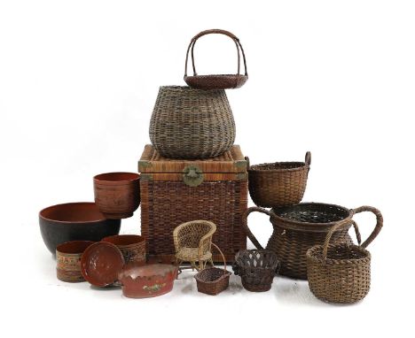 A collection of six baskets, various dates, the largest 37cm diameter;together two lacquered bowls, the largest 40cm diameter