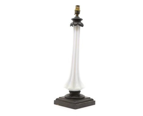 A French opaline glass table lamp, late 19th century, on a bronze square plinth, no shade, 56cm highCondition ReportLacking s