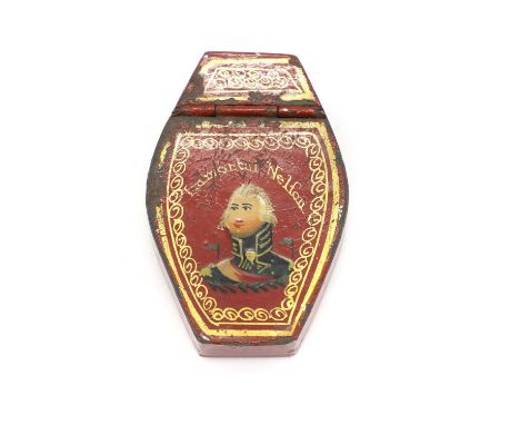 A tole-pientre snuff box,  19th century, coffin’ shaped, inscribed 'Immortal Nelson' decorated with a study of Nelson in Admi