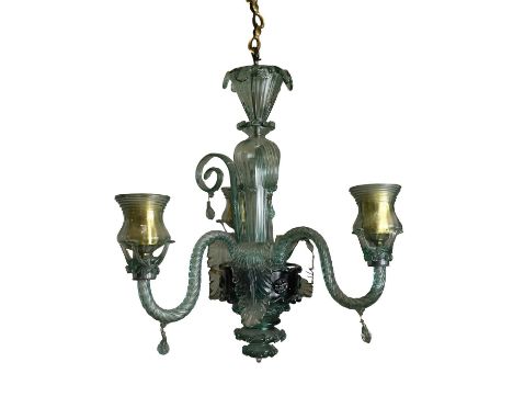 A three light glass ceiling chandelier, 20th century, with spiral branches and leaf scrolls, 51cm highCondition ReportFair ov